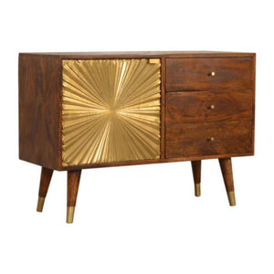 Manila Sunburst Sideboard | Solid Mango Wood | Chestnut & Brass Finish | 1 Door & 3 Drawers