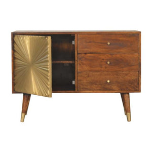 Manila Sunburst Sideboard | Solid Mango Wood | Chestnut & Brass Finish | 1 Door & 3 Drawers