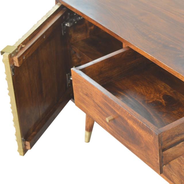 Manila Sunburst Sideboard | Solid Mango Wood | Chestnut & Brass Finish | 1 Door & 3 Drawers