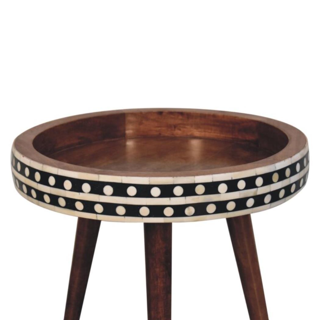Marlow Bone Inlay End Table | Solid Mango Wood | Honey Caramel Finish | Round Nordic Side Table