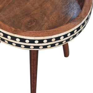 Marlow Bone Inlay End Table | Solid Mango Wood | Honey Caramel Finish | Round Nordic Side Table