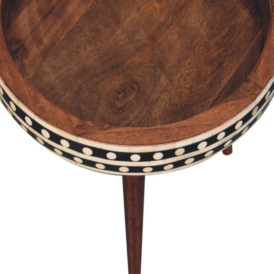 Marlow Bone Inlay End Table | Solid Mango Wood | Honey Caramel Finish | Round Nordic Side Table
