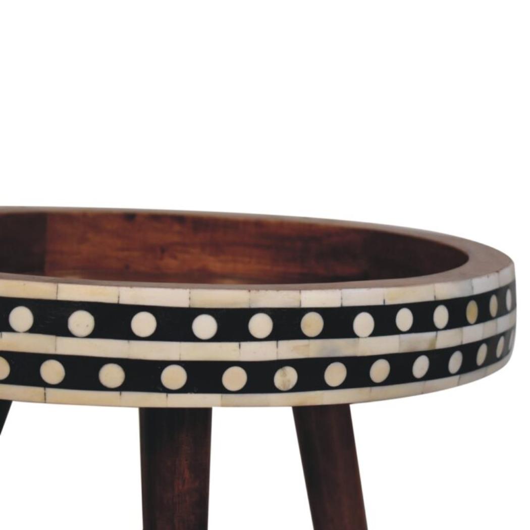 Marlow Bone Inlay End Table | Solid Mango Wood | Honey Caramel Finish | Round Nordic Side Table