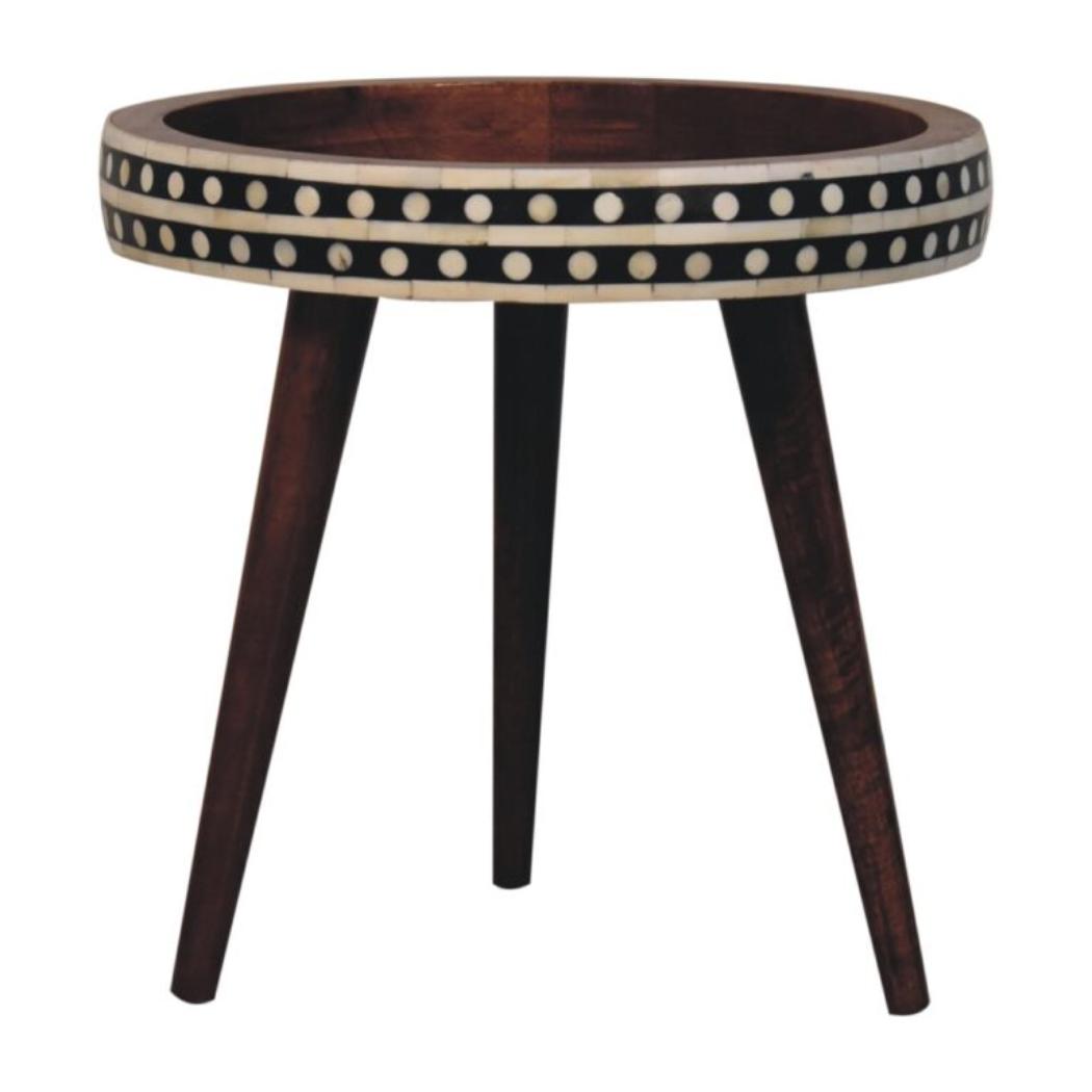 Marlow Bone Inlay End Table | Solid Mango Wood | Honey Caramel Finish | Round Nordic Side Table