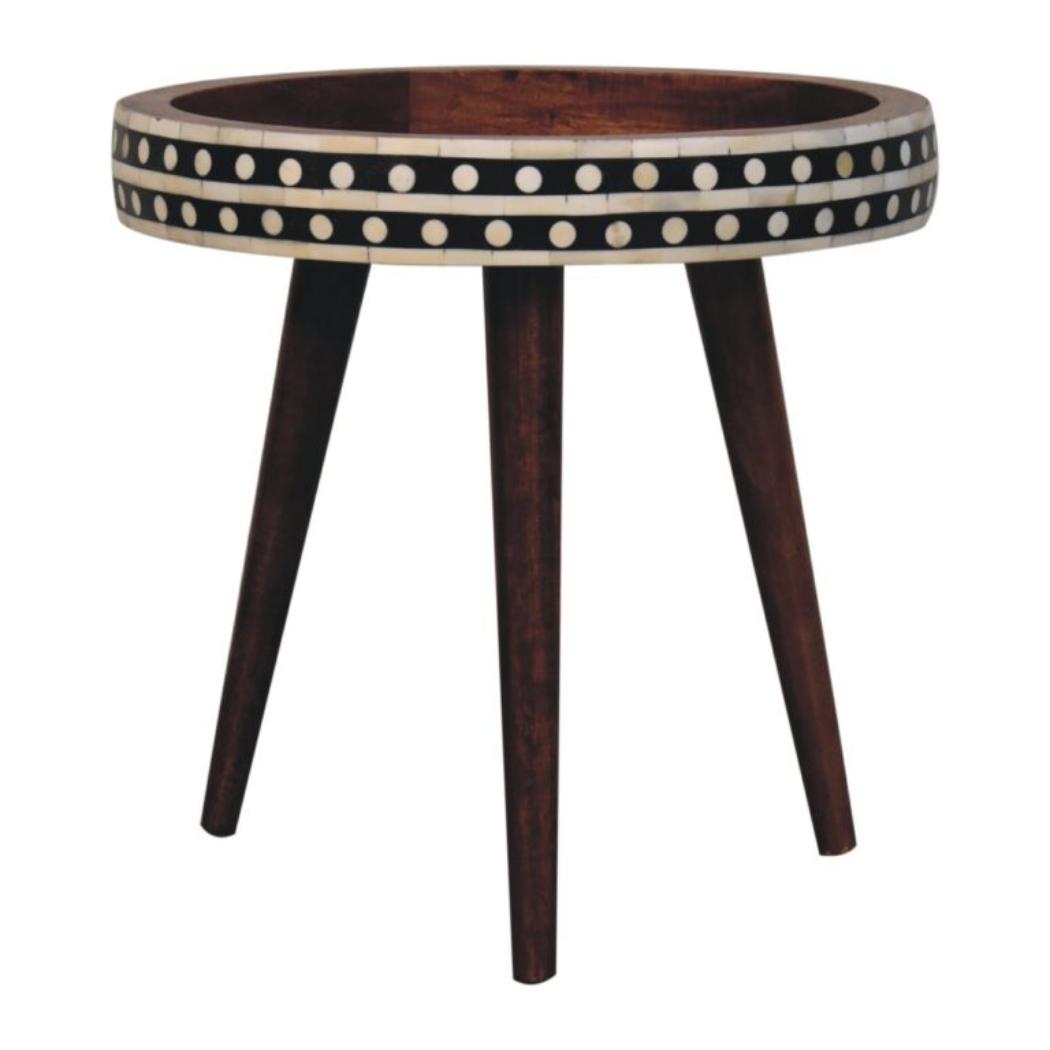 Marlow Bone Inlay End Table | Solid Mango Wood | Honey Caramel Finish | Round Nordic Side Table