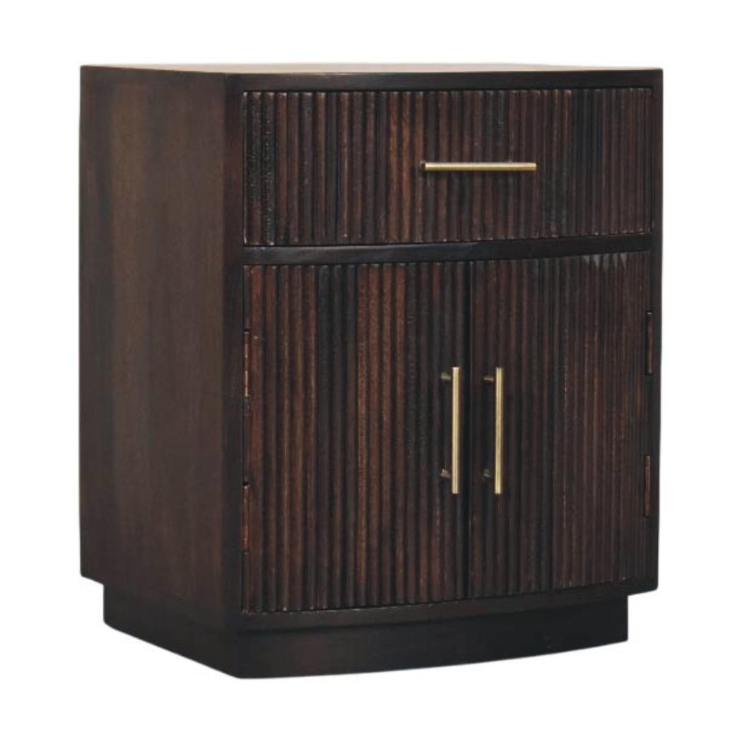 Milan Bedside Table | Solid Mango Wood | Velvet Mocha Finish | 1 Drawer Nightstand with Cabinet Storage