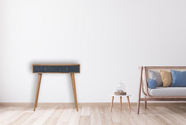 Milan Navy Console Table | Solid Mango Wood | Oak Finish | 2 Carved Drawers