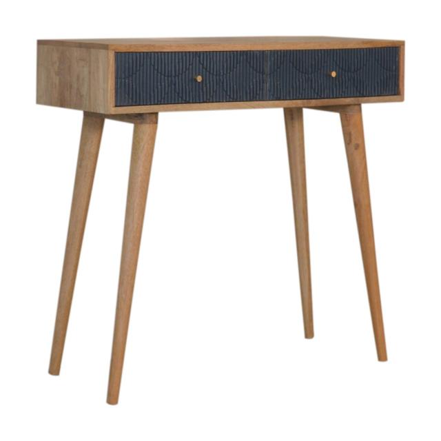 Milan Navy Console Table | Solid Mango Wood | Oak Finish | 2 Carved Drawers