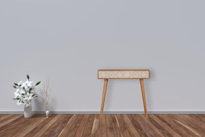 Milan White Console Table | Solid Mango Wood | Oak Finish | 2 Carved Drawers
