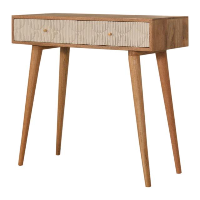 Milan White Console Table | Solid Mango Wood | Oak Finish | 2 Carved Drawers