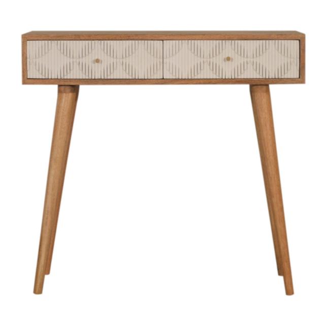 Milan White Console Table | Solid Mango Wood | Oak Finish | 2 Carved Drawers