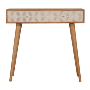 Milan White Console Table | Solid Mango Wood | Oak Finish | 2 Carved Drawers