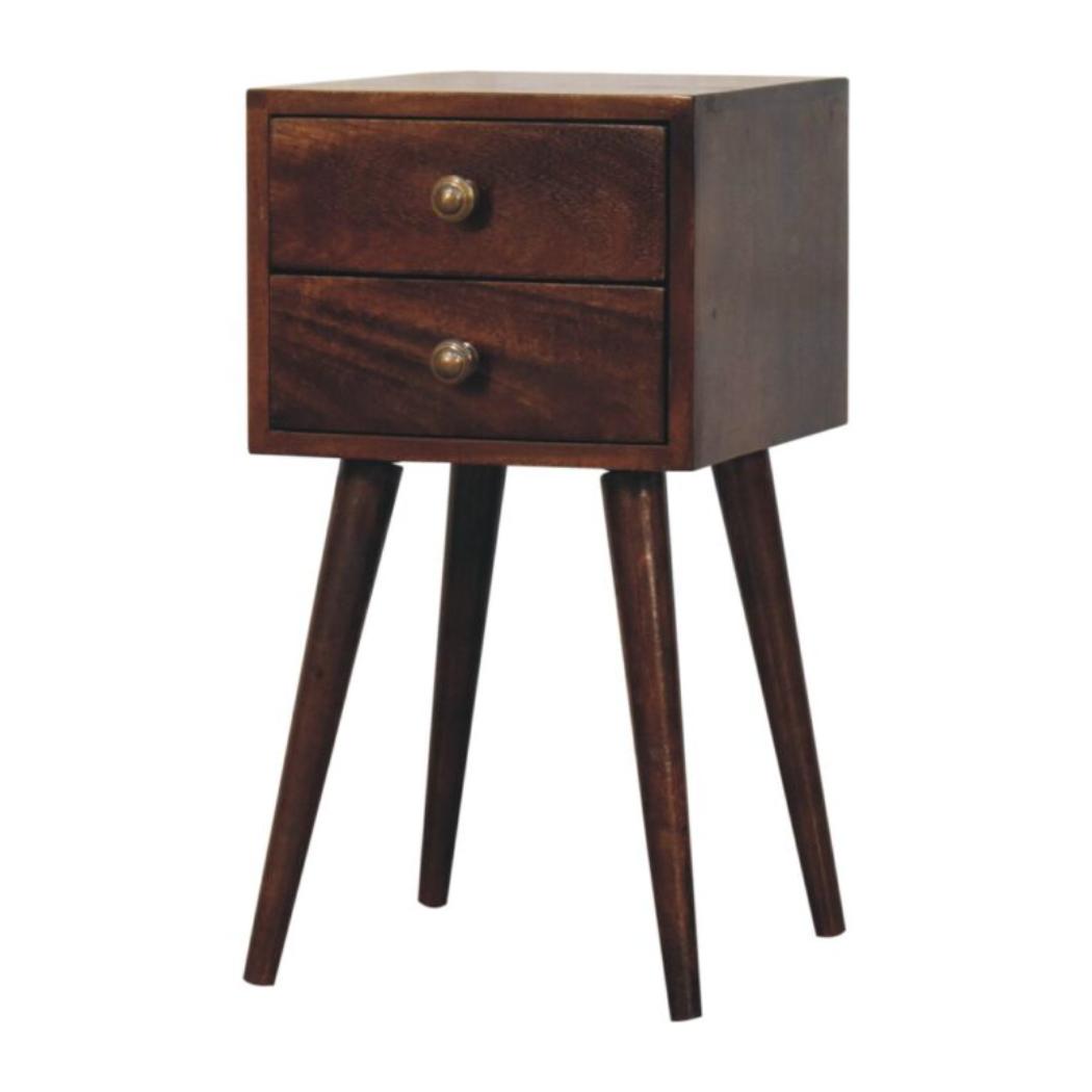 Mini 2 Drawer Bedside Table | Solid Mango Wood | California Walnut Finish | Compact Nightstand