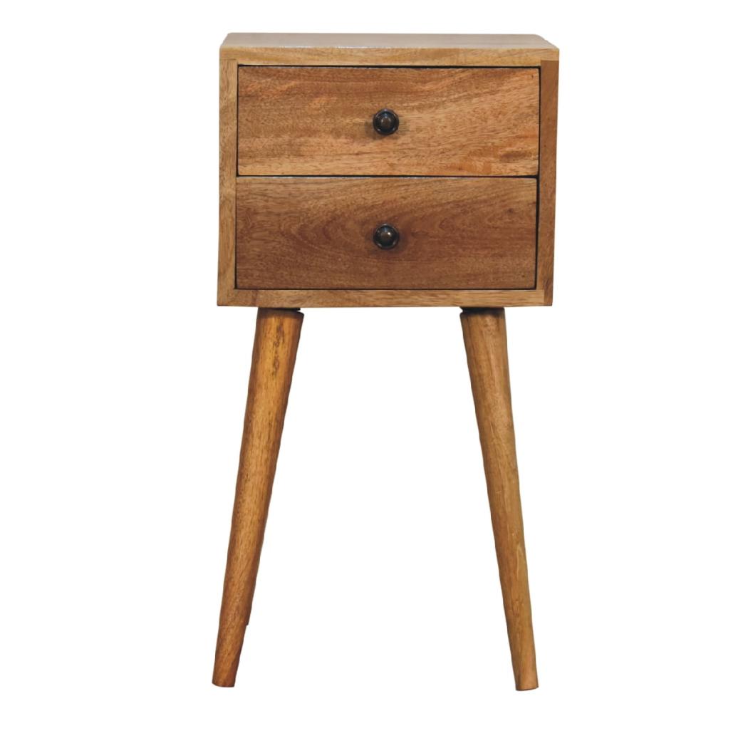 Mini 2 Drawer Bedside Table | Solid Mango Wood | Oak-Inspired Finish | Compact Nightstand