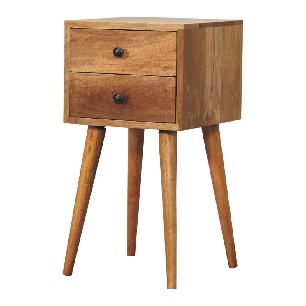 Mini 2 Drawer Bedside Table | Solid Mango Wood | Oak-Inspired Finish | Compact Nightstand