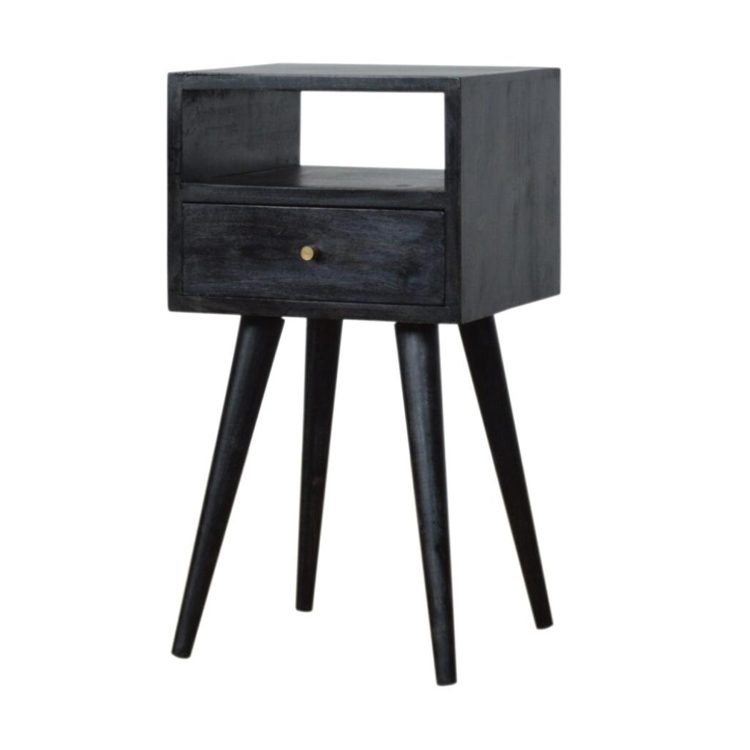 Mini Bedside Table | Solid Mango Wood | Ash Black Finish | Compact Bedroom Storage