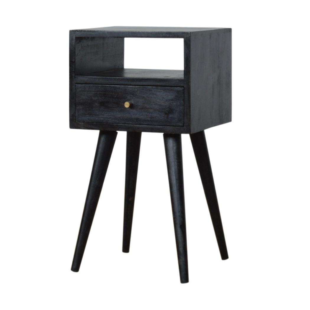 Mini Bedside Table | Solid Mango Wood | Ash Black Finish | Compact Bedroom Storage