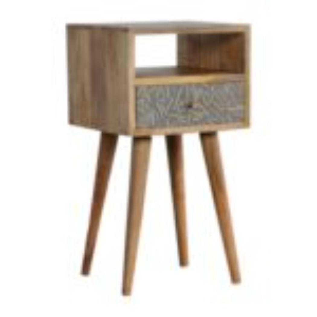 Mini Cement Chip Bedside Table | Solid Mango Wood | Single Drawer Storage
