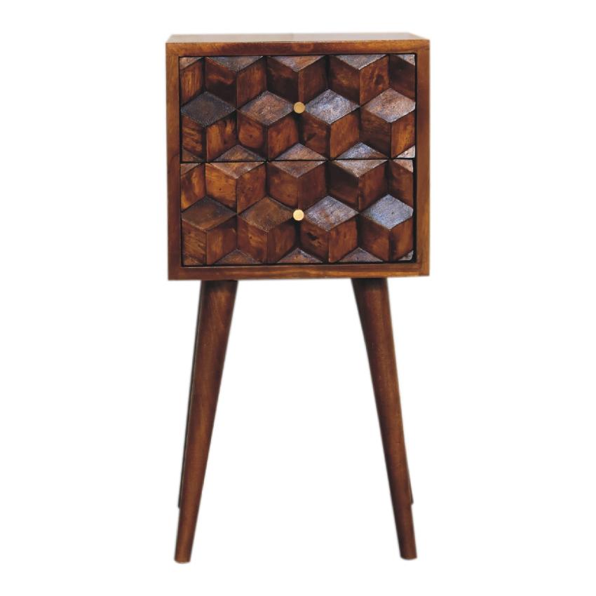 Mini Chestnut Cube Bedside Table | Solid Mango Wood | 2 Drawer