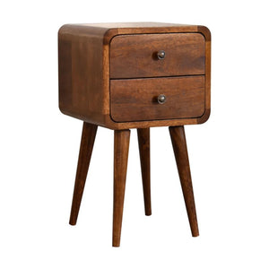 Mini Chestnut Curved Bedside Table | Solid Mango Wood | 2 Drawer