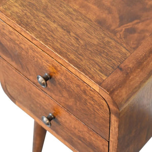 Mini Chestnut Curved Bedside Table | Solid Mango Wood | 2 Drawer