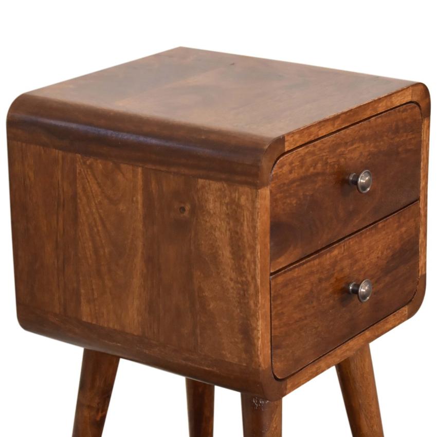 Mini Chestnut Curved Bedside Table | Solid Mango Wood | 2 Drawer