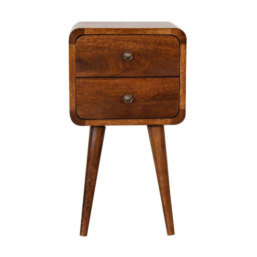 Mini Chestnut Curved Bedside Table | Solid Mango Wood | 2 Drawer