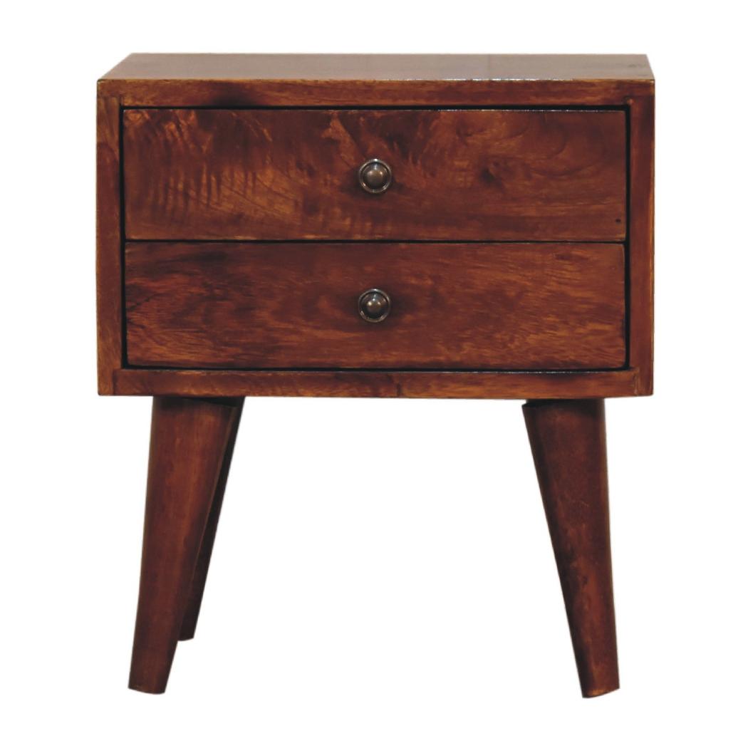 Mini Chestnut Modern Bedside Table | Solid Mango Wood | Chestnut Finish | 2 Drawer Nightstand
