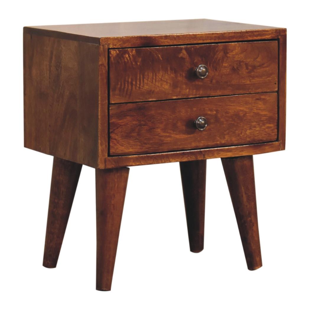 Mini Chestnut Modern Bedside Table | Solid Mango Wood | Chestnut Finish | 2 Drawer Nightstand