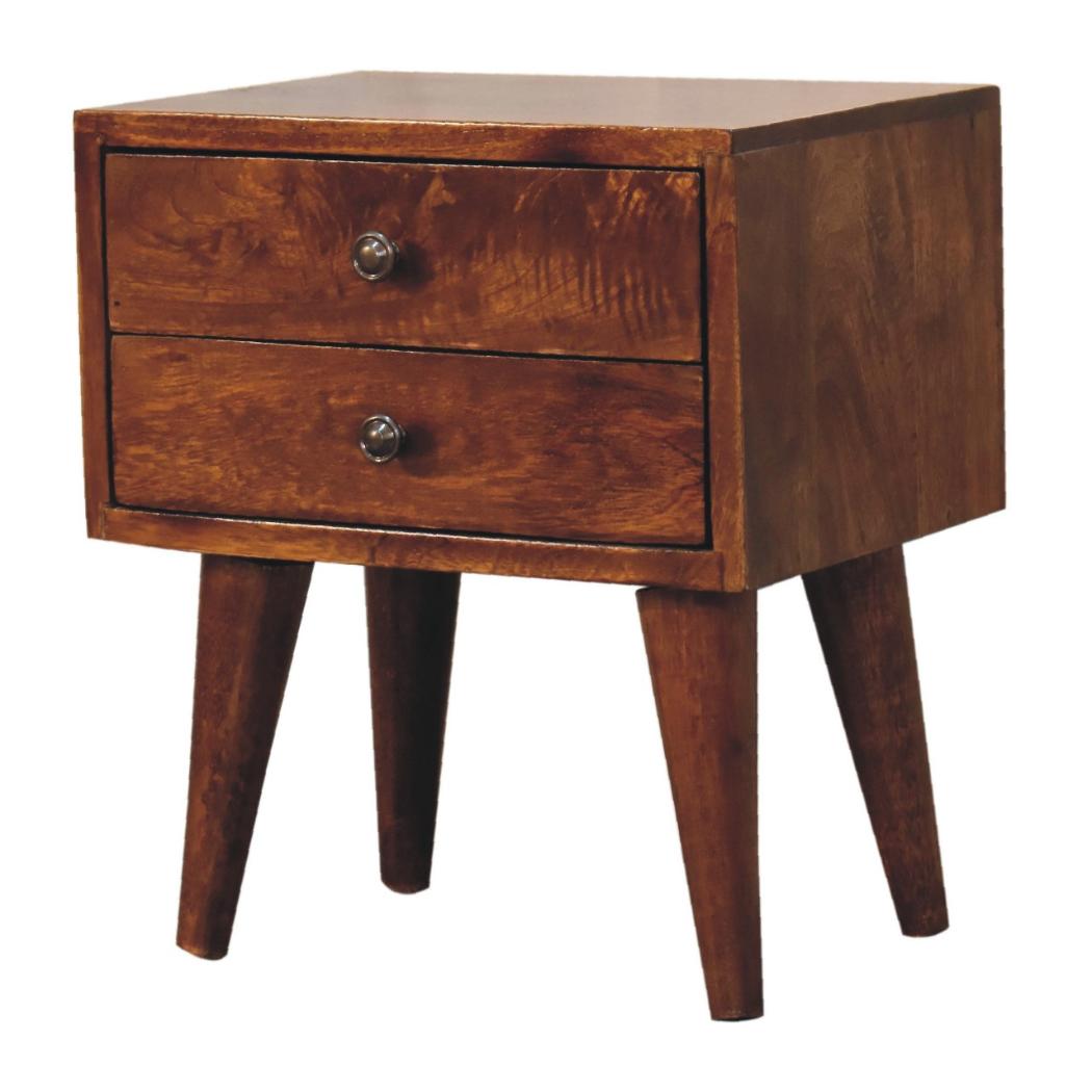 Mini Chestnut Modern Bedside Table | Solid Mango Wood | Chestnut Finish | 2 Drawer Nightstand