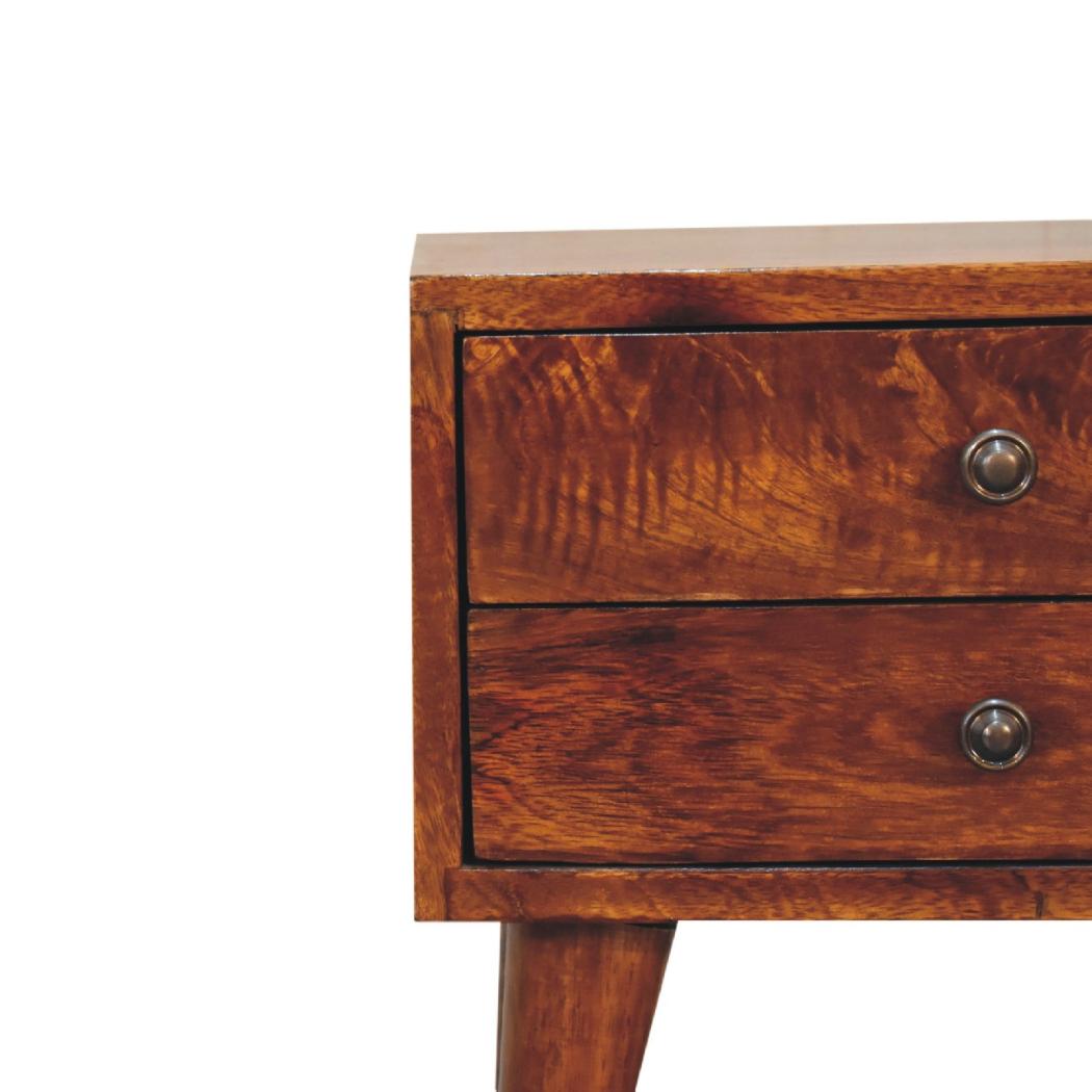 Mini Chestnut Modern Bedside Table | Solid Mango Wood | Chestnut Finish | 2 Drawer Nightstand