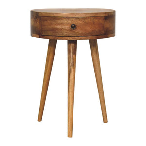 Mini Circular Bedside Table | Oak-Inspired Finish | Compact Rounded Storage