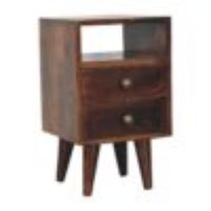 Mini Classic Bedside Table | Solid Mango Wood | California Walnut Finish | 2 Drawer Nightstand with Open Shelf