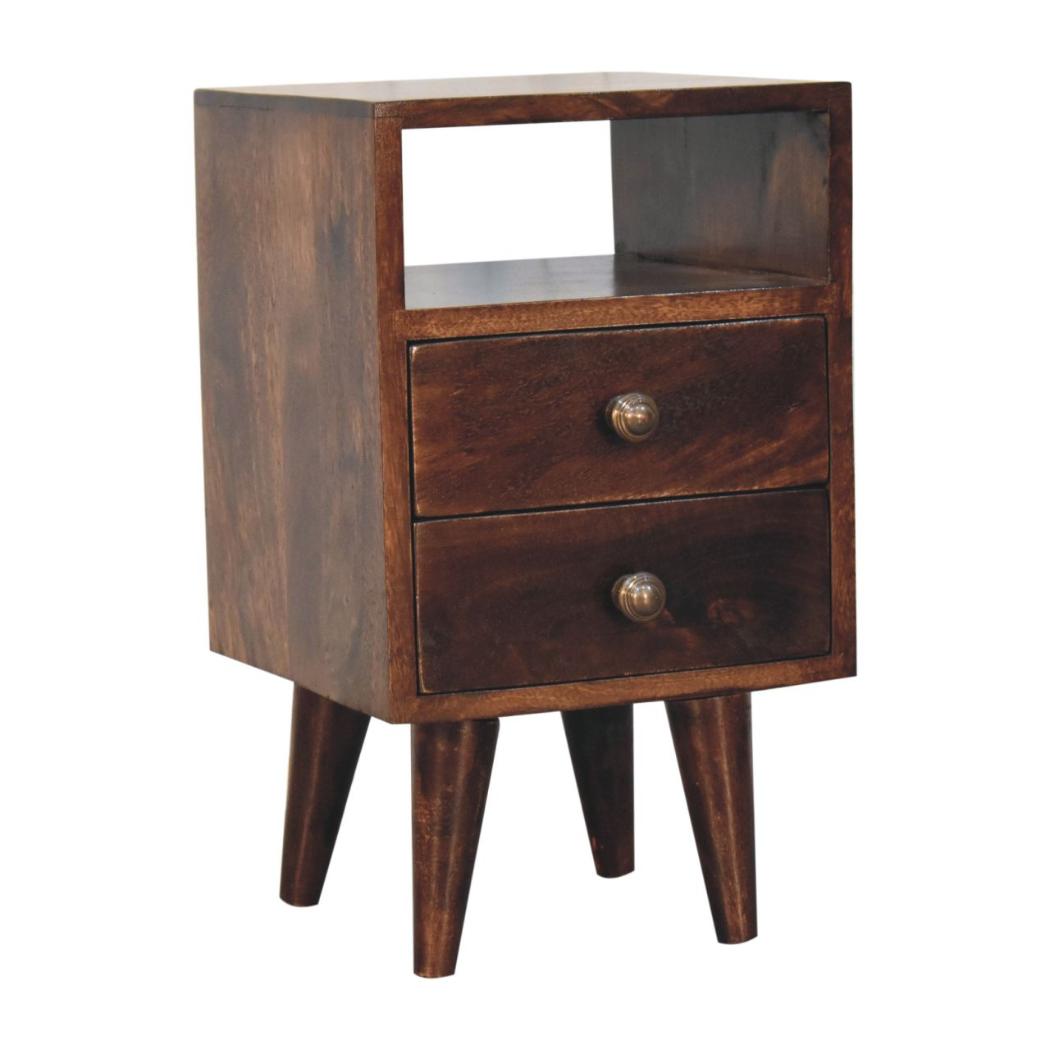 Mini Classic Bedside Table | Solid Mango Wood | California Walnut Finish | 2 Drawer Nightstand with Open Shelf