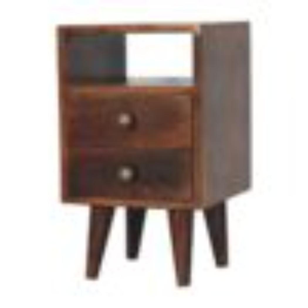 Mini Classic Bedside Table | Solid Mango Wood | California Walnut Finish | 2 Drawer Nightstand with Open Shelf