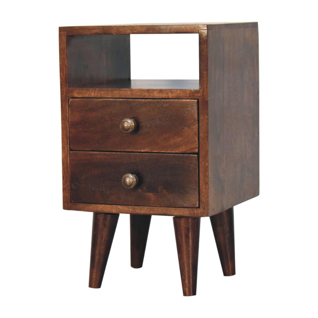 Mini Classic Bedside Table | Solid Mango Wood | California Walnut Finish | 2 Drawer Nightstand with Open Shelf