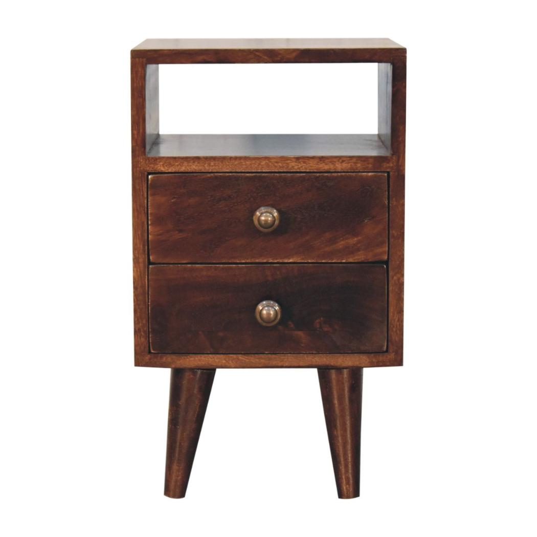 Mini Classic Bedside Table | Solid Mango Wood | California Walnut Finish | 2 Drawer Nightstand with Open Shelf