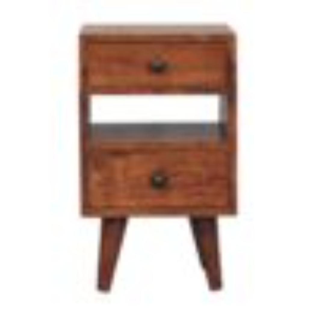 Mini Classic Bedside Table | Solid Mango Wood | Honey Caramel Finish | 2 Drawer Nightstand with Open Shelf