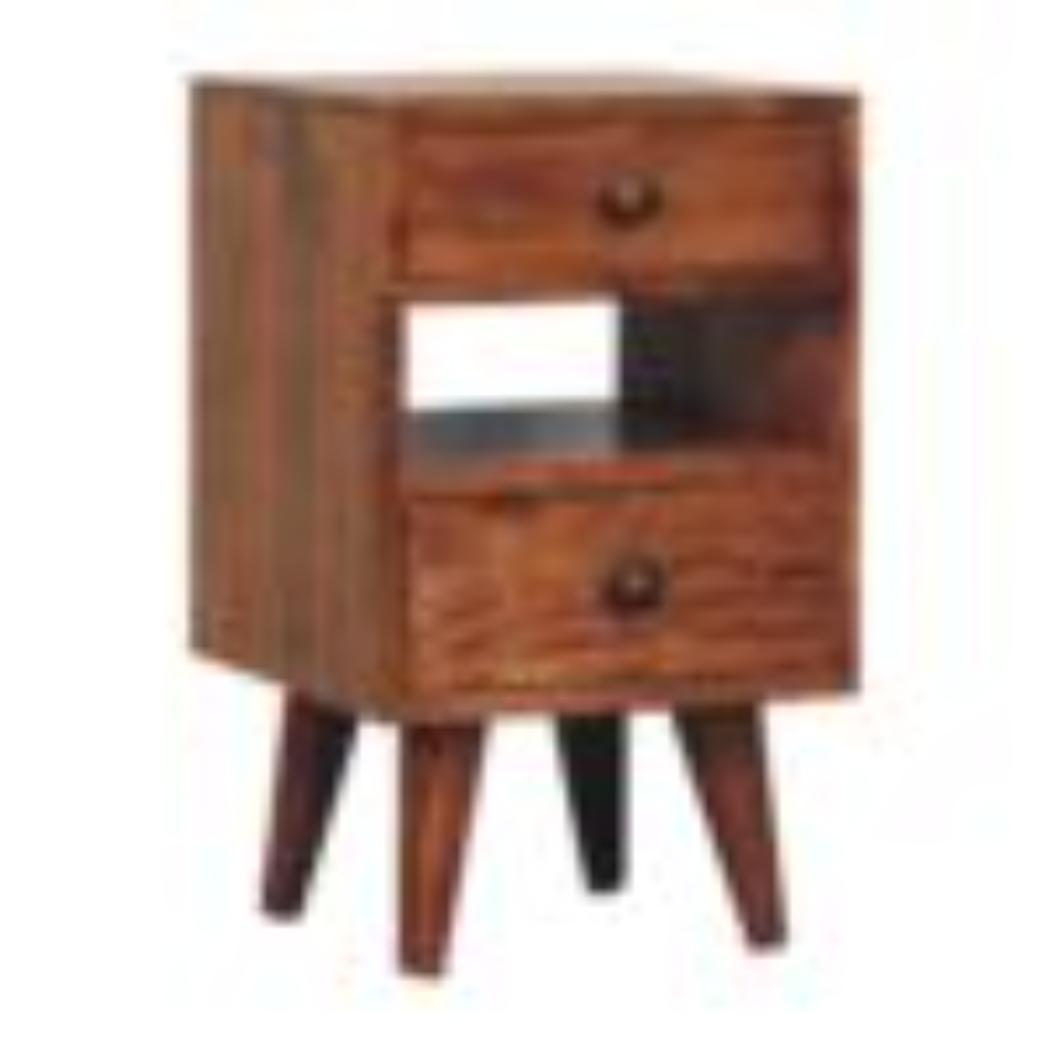 Mini Classic Bedside Table | Solid Mango Wood | Honey Caramel Finish | 2 Drawer Nightstand with Open Shelf
