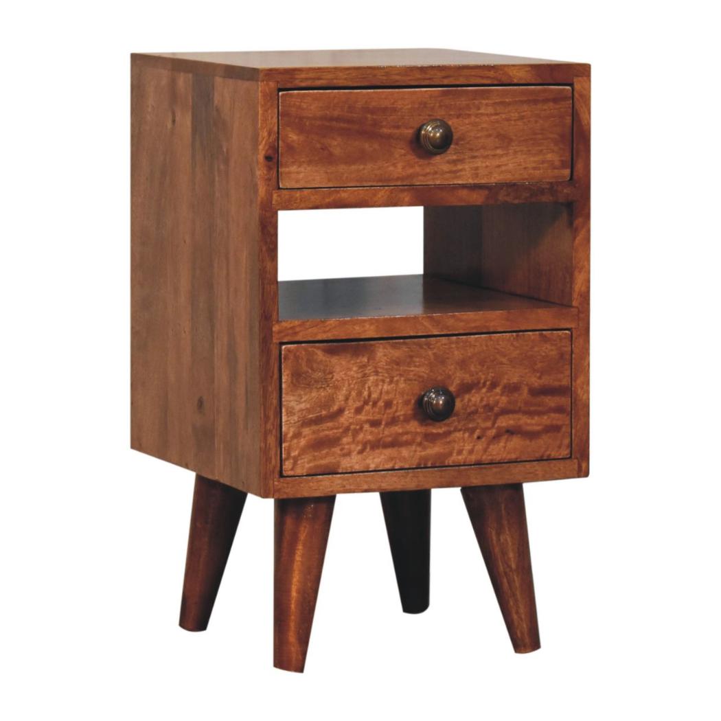 Mini Classic Bedside Table | Solid Mango Wood | Honey Caramel Finish | 2 Drawer Nightstand with Open Shelf