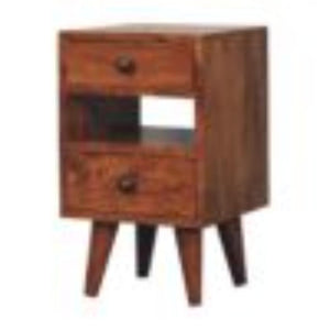 Mini Classic Bedside Table | Solid Mango Wood | Honey Caramel Finish | 2 Drawer Nightstand with Open Shelf