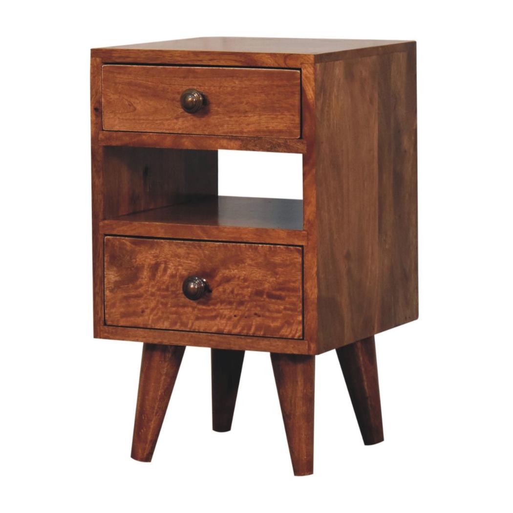 Mini Classic Bedside Table | Solid Mango Wood | Honey Caramel Finish | 2 Drawer Nightstand with Open Shelf