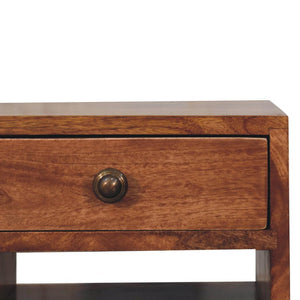 Mini Classic Bedside Table | Solid Mango Wood | Honey Caramel Finish | 2 Drawer Nightstand with Open Shelf
