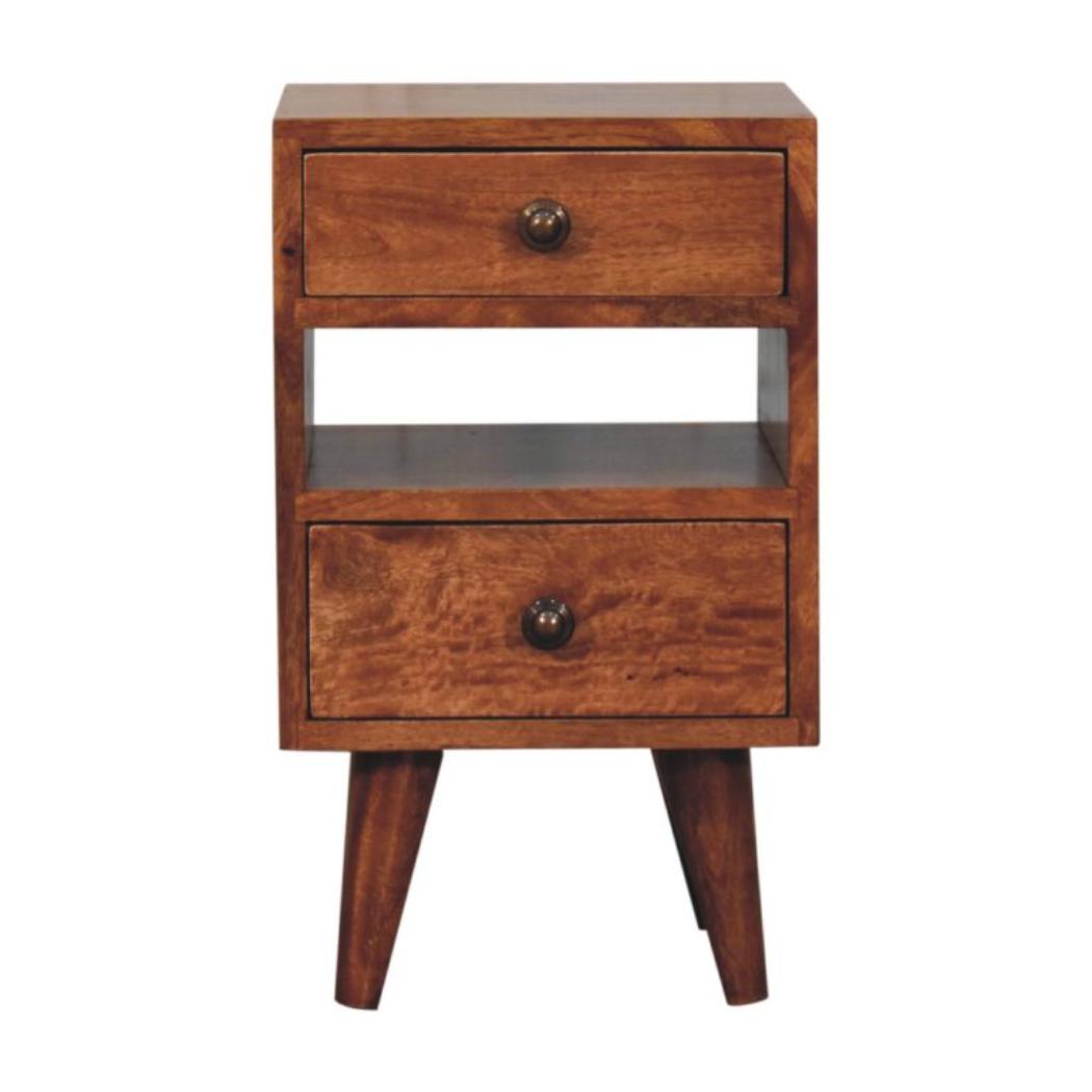 Mini Classic Bedside Table | Solid Mango Wood | Honey Caramel Finish | 2 Drawer Nightstand with Open Shelf
