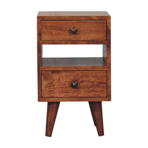 Mini Classic Bedside Table | Solid Mango Wood | Honey Caramel Finish | 2 Drawer Nightstand with Open Shelf