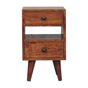 Mini Classic Bedside Table | Solid Mango Wood | Honey Caramel Finish | 2 Drawer Nightstand with Open Shelf