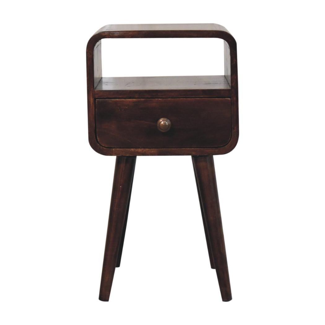 Mini Curved Bedside | Solid Mango Wood | California Walnut Finish | Open Shelf