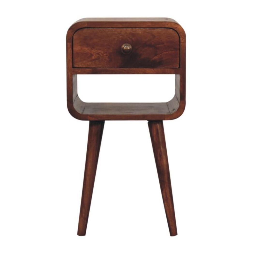 Mini Curved Bedside Table | Solid Mango Wood | Honey Caramel Finish | 1 Drawer Nightstand with Open Shelf