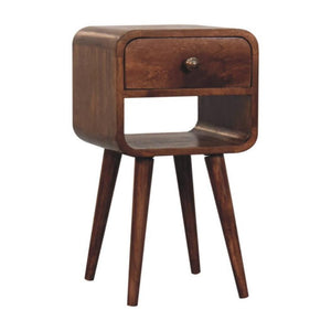 Mini Curved Bedside Table | Solid Mango Wood | Honey Caramel Finish | 1 Drawer Nightstand with Open Shelf