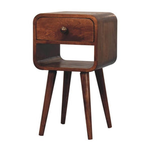 Mini Curved Bedside Table | Solid Mango Wood | Honey Caramel Finish | 1 Drawer Nightstand with Open Shelf